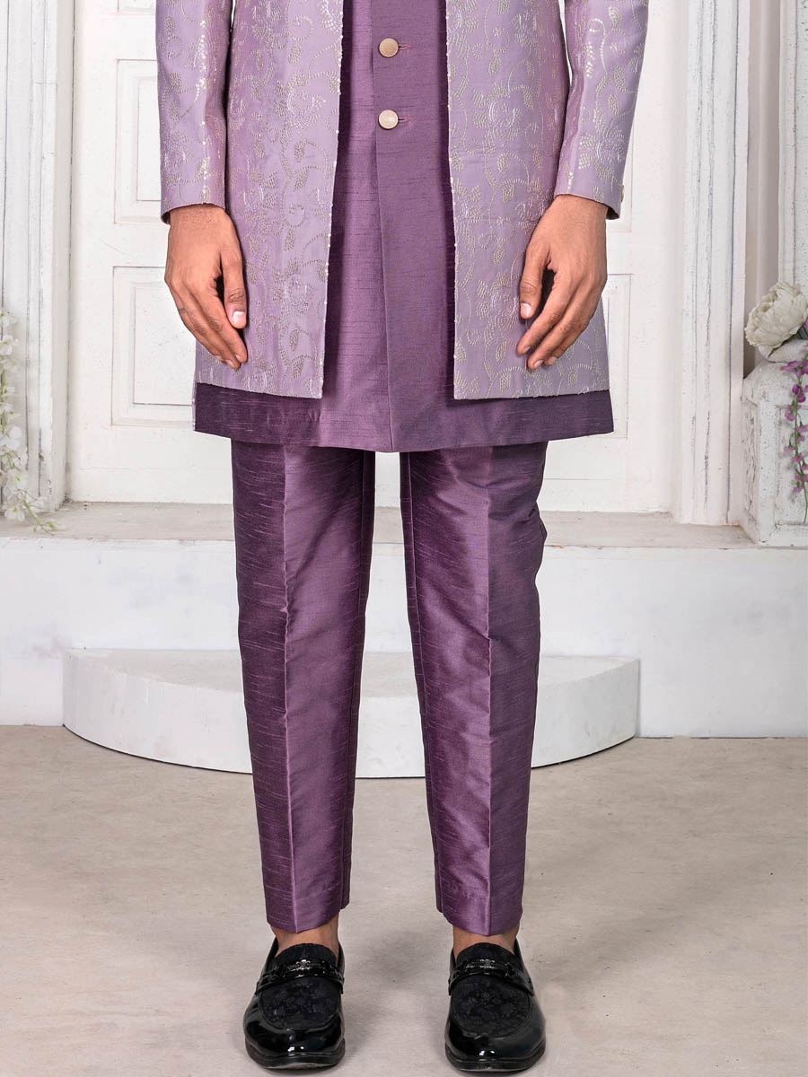 Purple Silk Embroidered Wedding Groom Sherwani