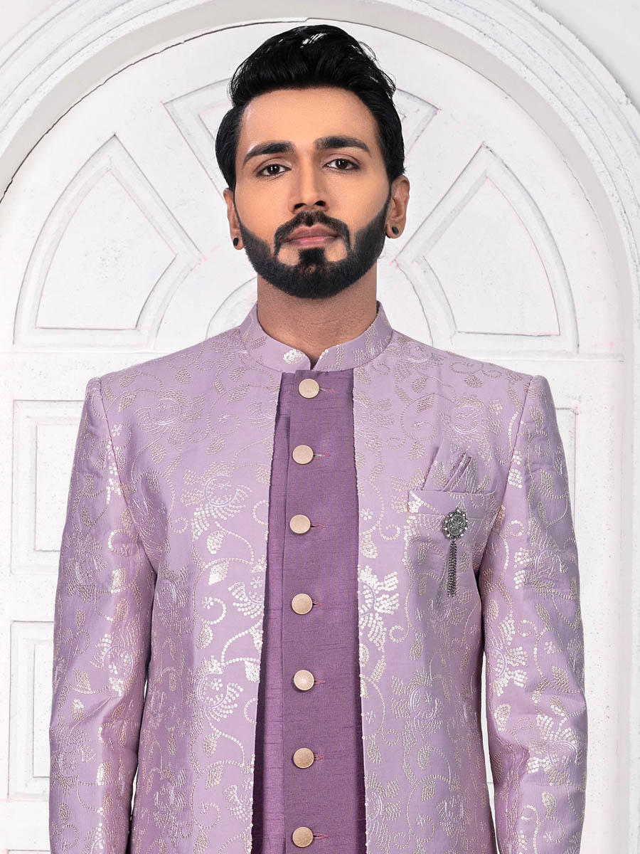 Purple Silk Embroidered Wedding Groom Sherwani