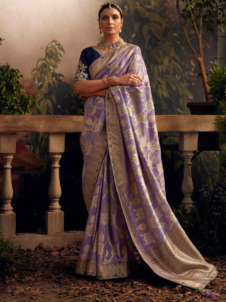 Purple Silk Embroidered Wedding Party Heavy Border Saree