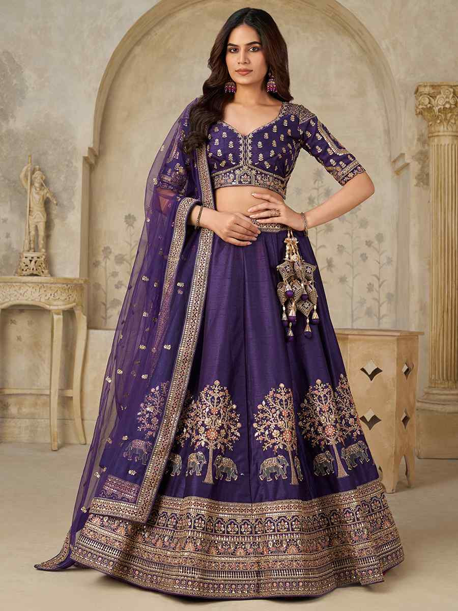 Purple Silk Embroidered Wedding Reception Festival Heavy Border Lehenga Choli