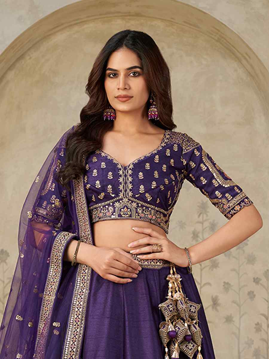 Purple Silk Embroidered Wedding Reception Festival Heavy Border Lehenga Choli