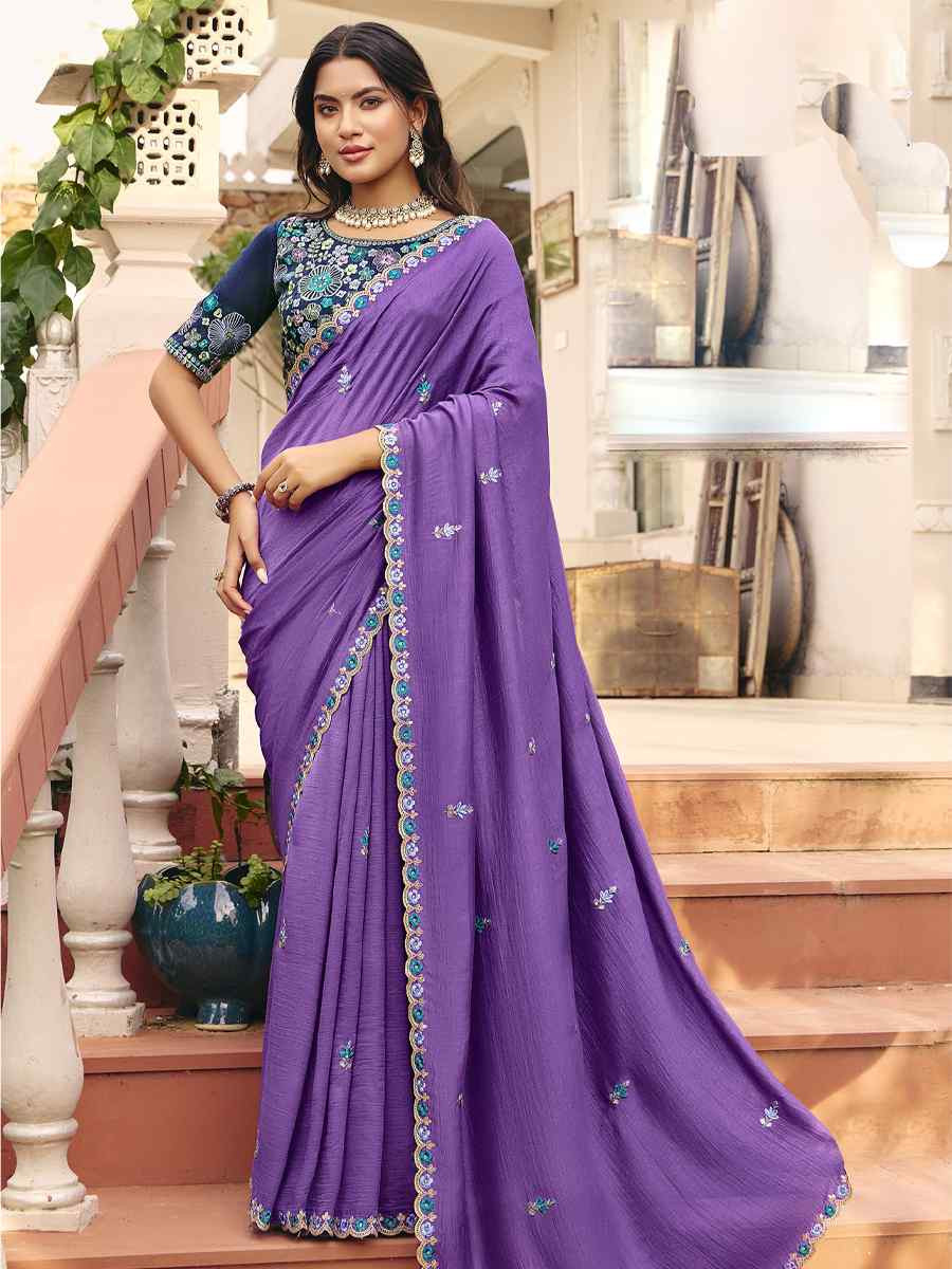 Purple Silk Embroidery Bridal Reception Festival Wedding Fancy Heavy Border Saree
