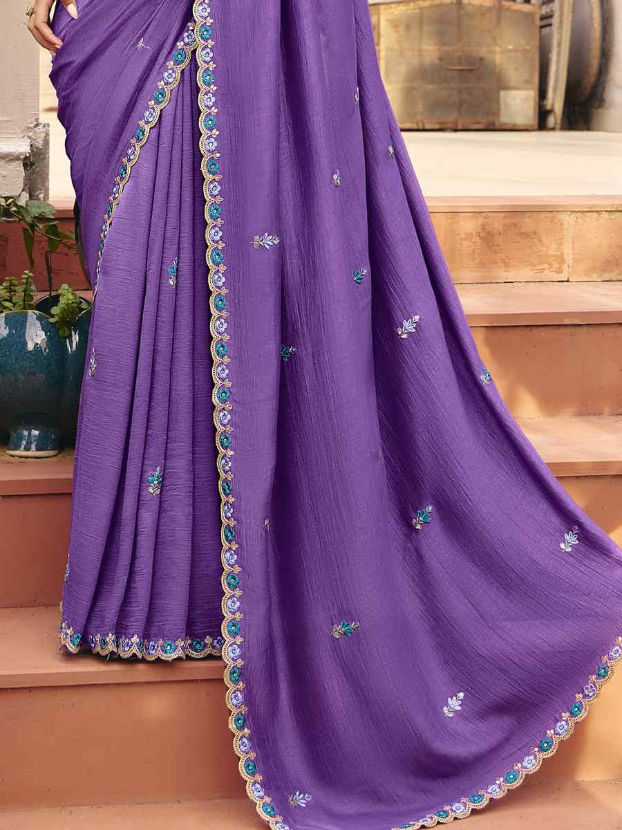 Purple Silk Embroidery Bridal Reception Festival Wedding Fancy Heavy Border Saree