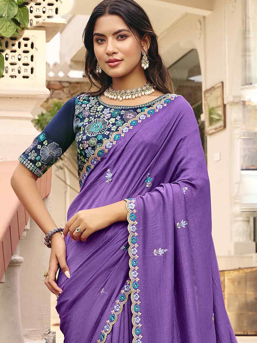 Purple Silk Embroidery Bridal Reception Festival Wedding Fancy Heavy Border Saree