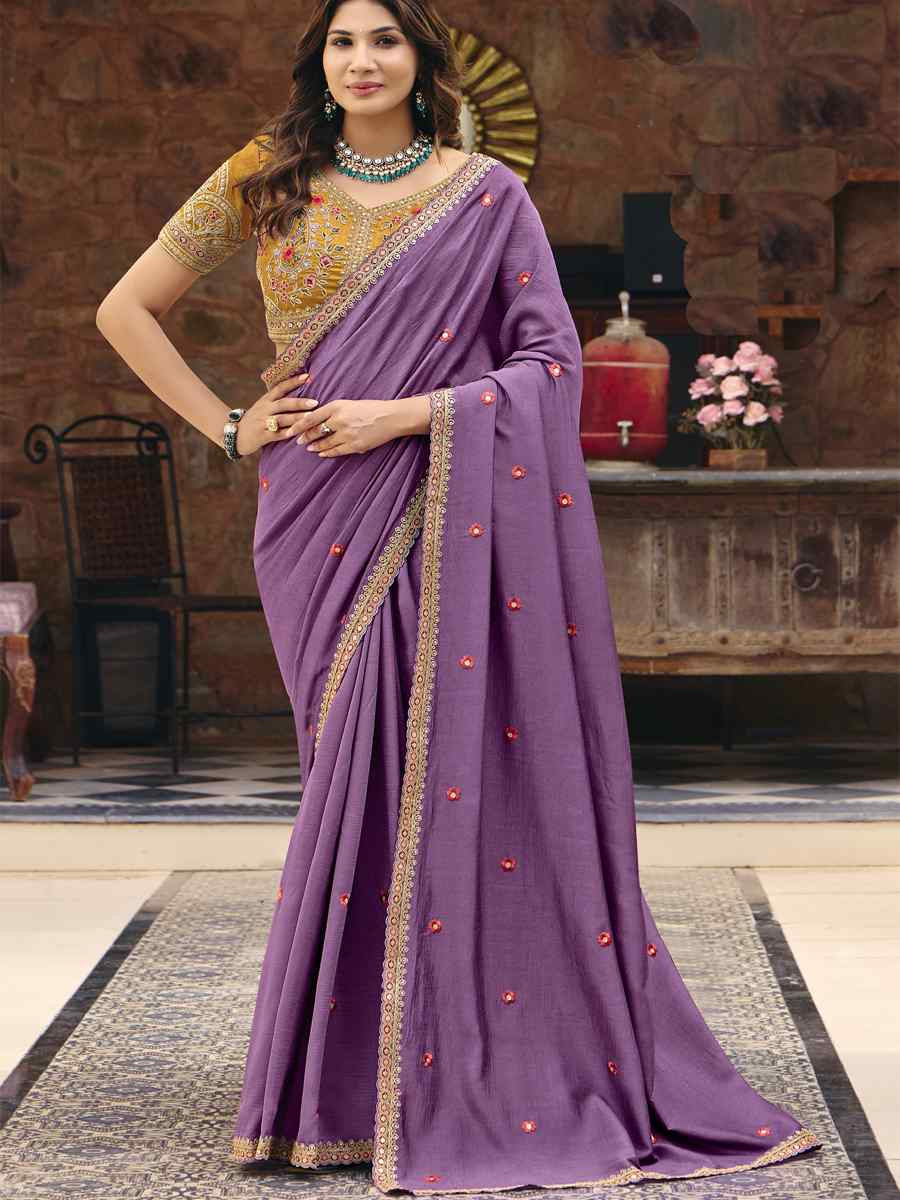 Purple Silk Embroidery Bridal Reception Festival Wedding Fancy Heavy Border Saree