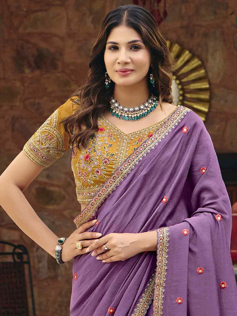 Purple Silk Embroidery Bridal Reception Festival Wedding Fancy Heavy Border Saree