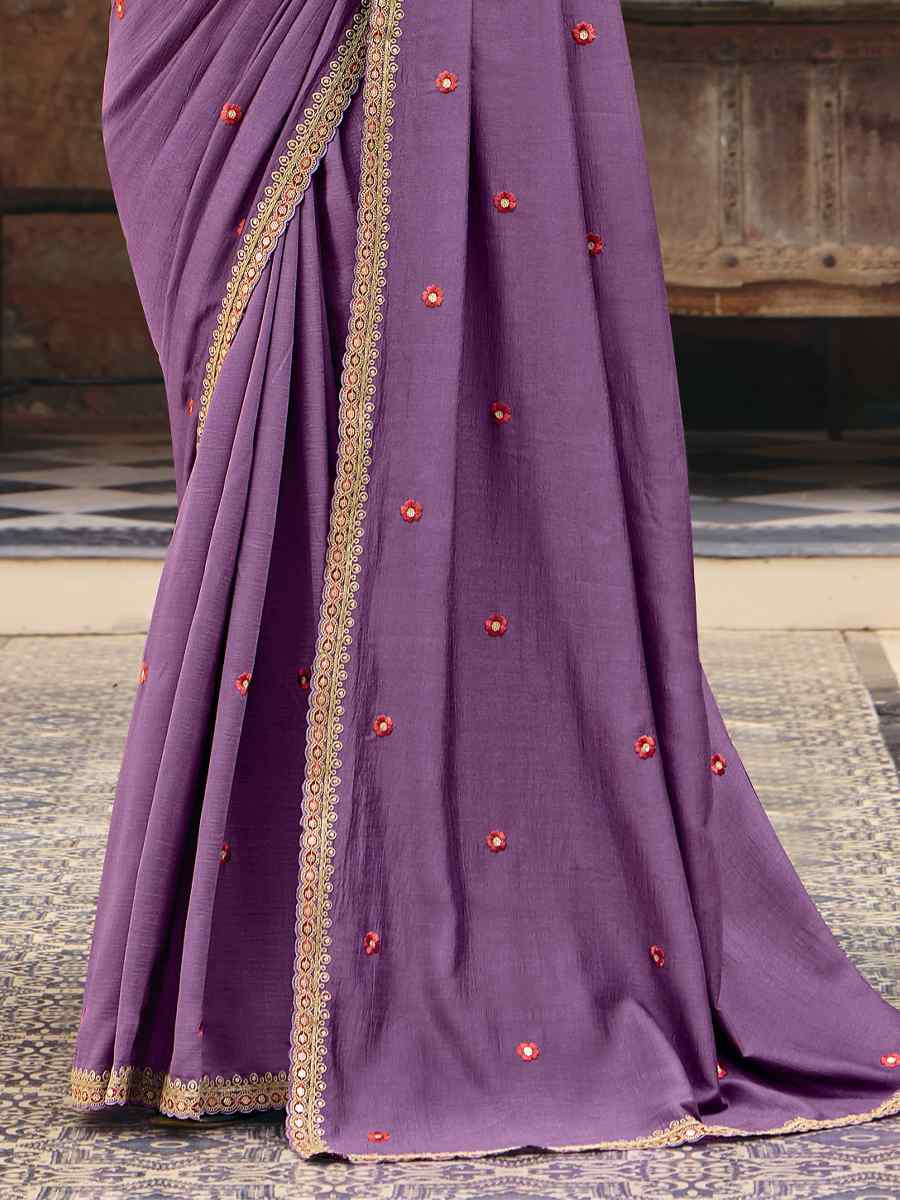 Purple Silk Embroidery Bridal Reception Festival Wedding Fancy Heavy Border Saree