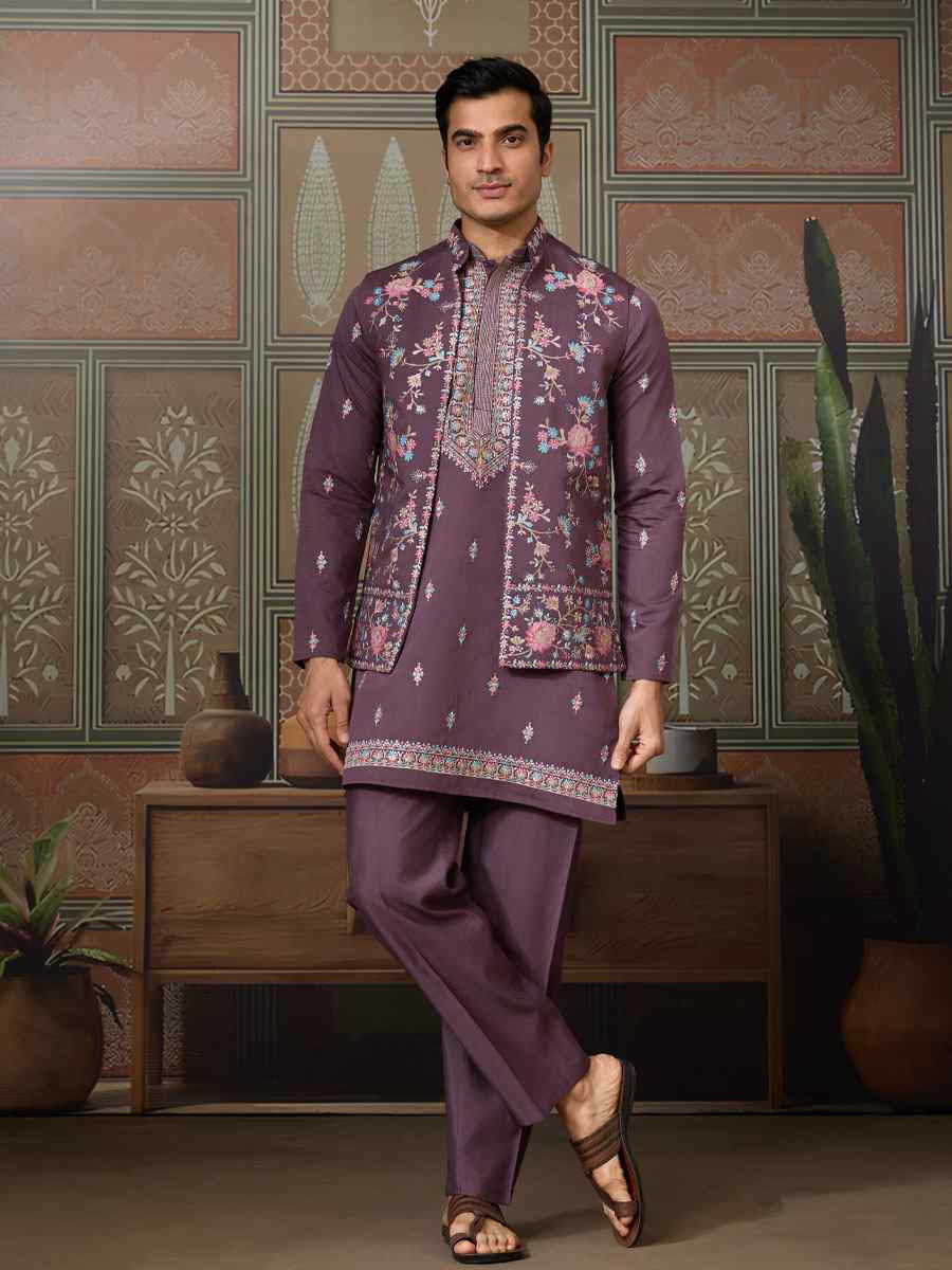 Purple Silk Embroidery Festival Wedding Party Mens Kurta with Jacket