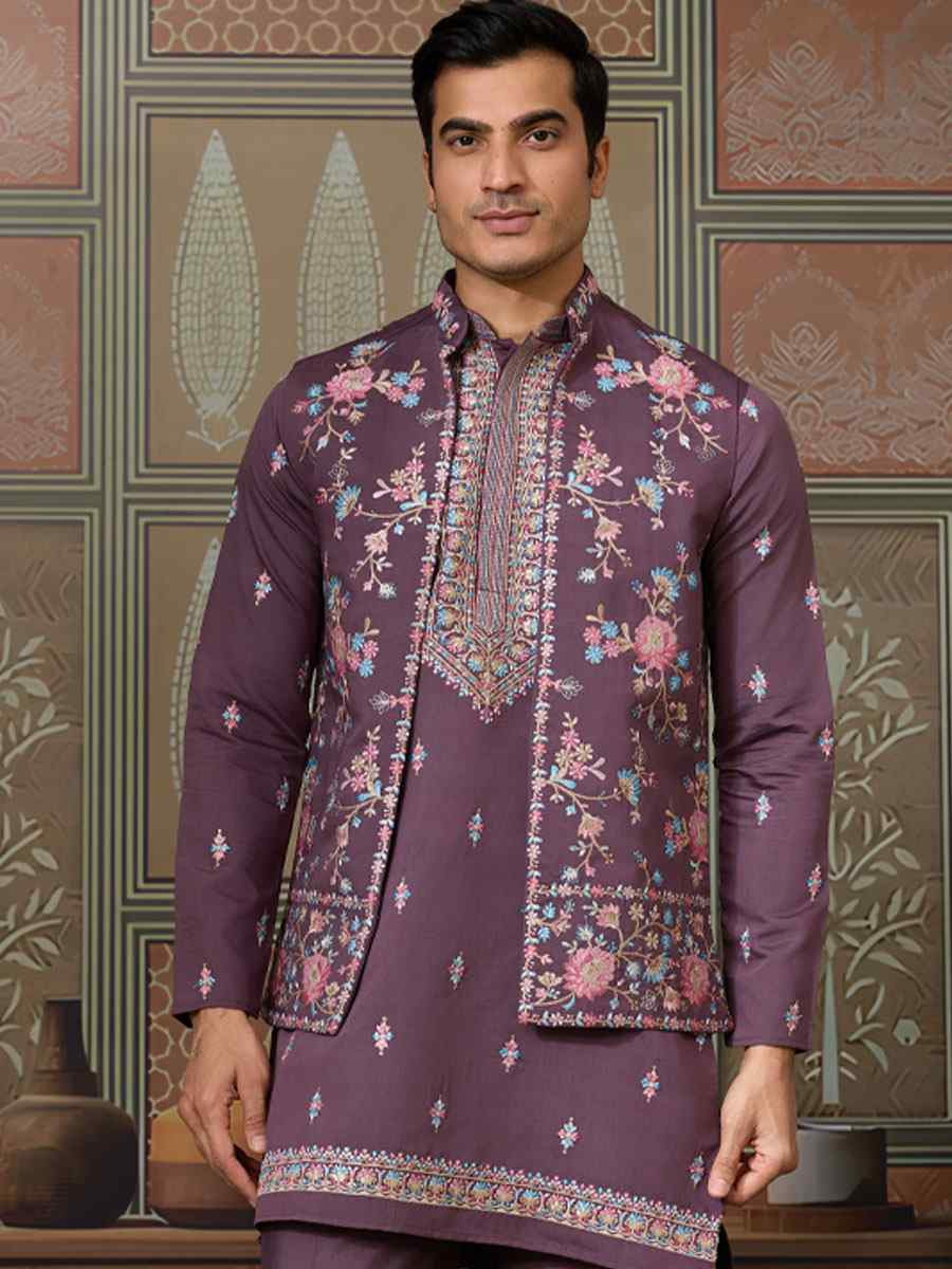 Purple Silk Embroidery Festival Wedding Party Mens Kurta with Jacket