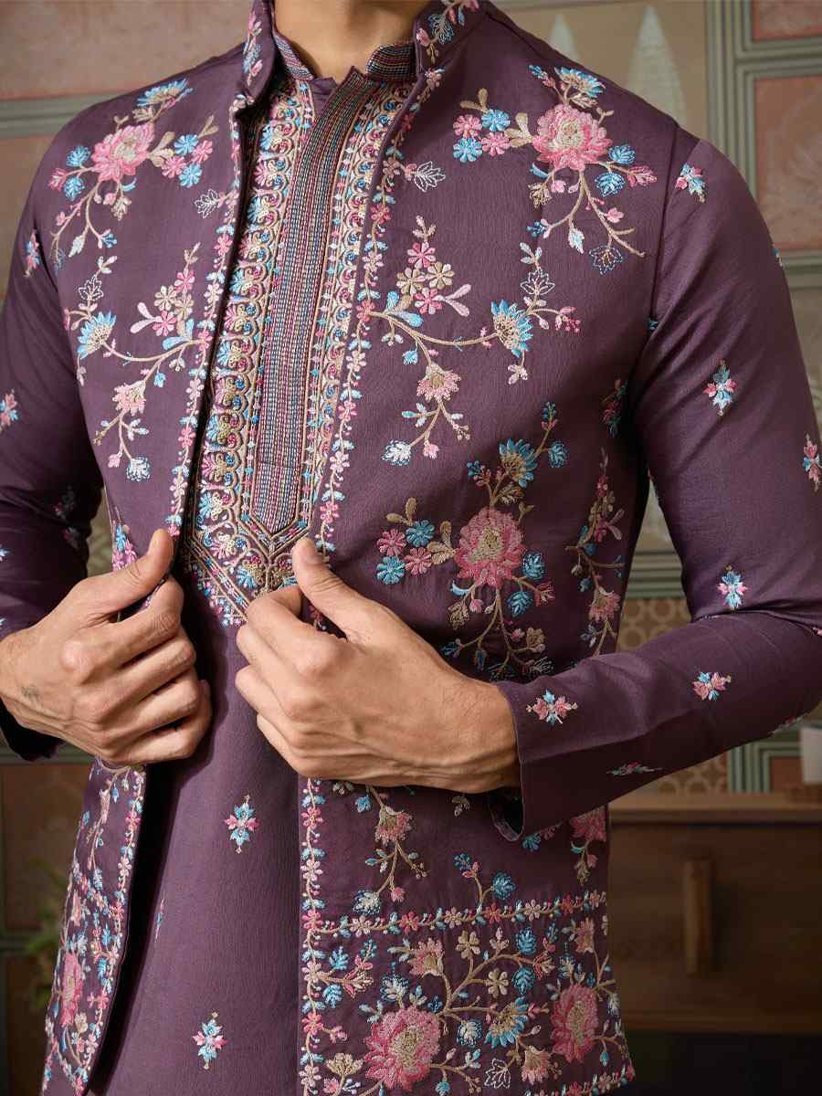 Purple Silk Embroidery Festival Wedding Party Mens Kurta with Jacket