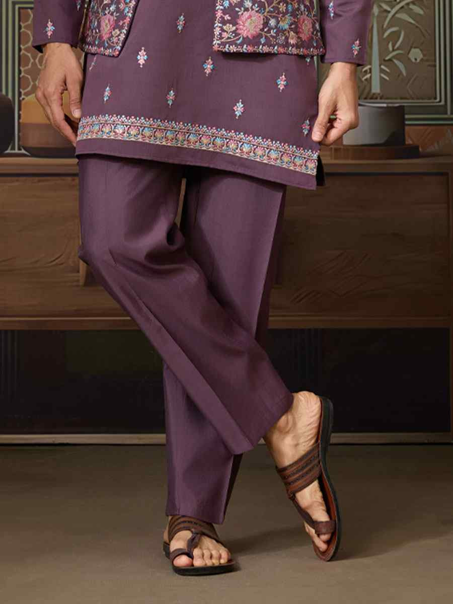 Purple Silk Embroidery Festival Wedding Party Mens Kurta with Jacket