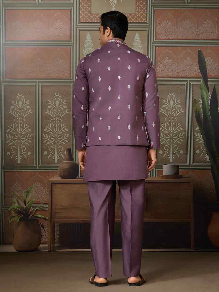 Purple Silk Embroidery Festival Wedding Party Mens Kurta with Jacket