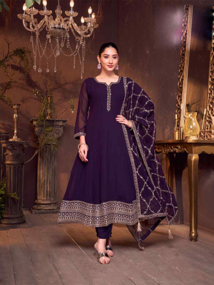 Image of Purple Silk Embroidery Party Wedding Festival Casual Ready Anarkali Salwar Kameez