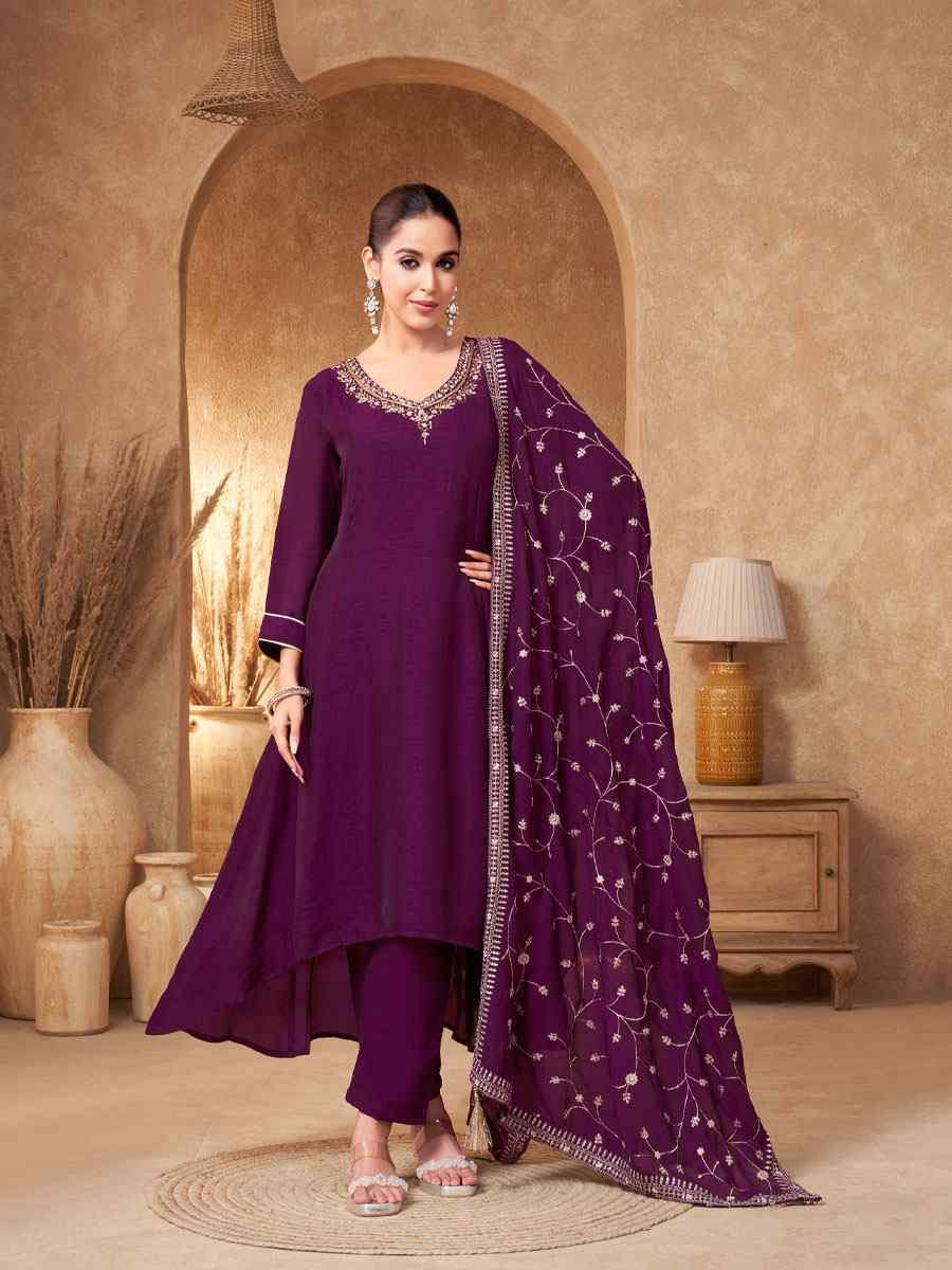 Purple Silk Embroidery Party Wedding Festival Casual Ready Anarkali Salwar Kameez