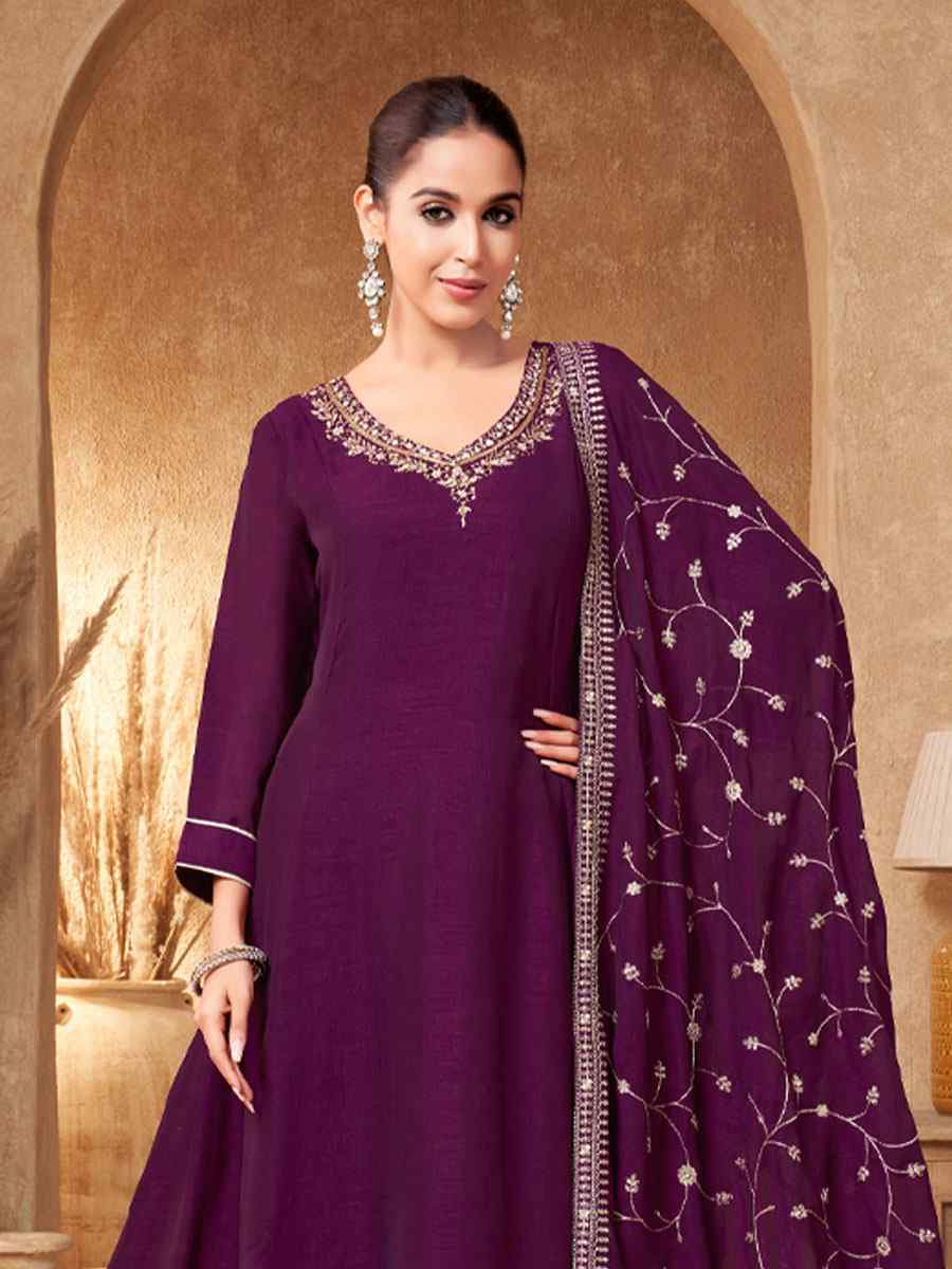 Purple Silk Embroidery Party Wedding Festival Casual Ready Anarkali Salwar Kameez
