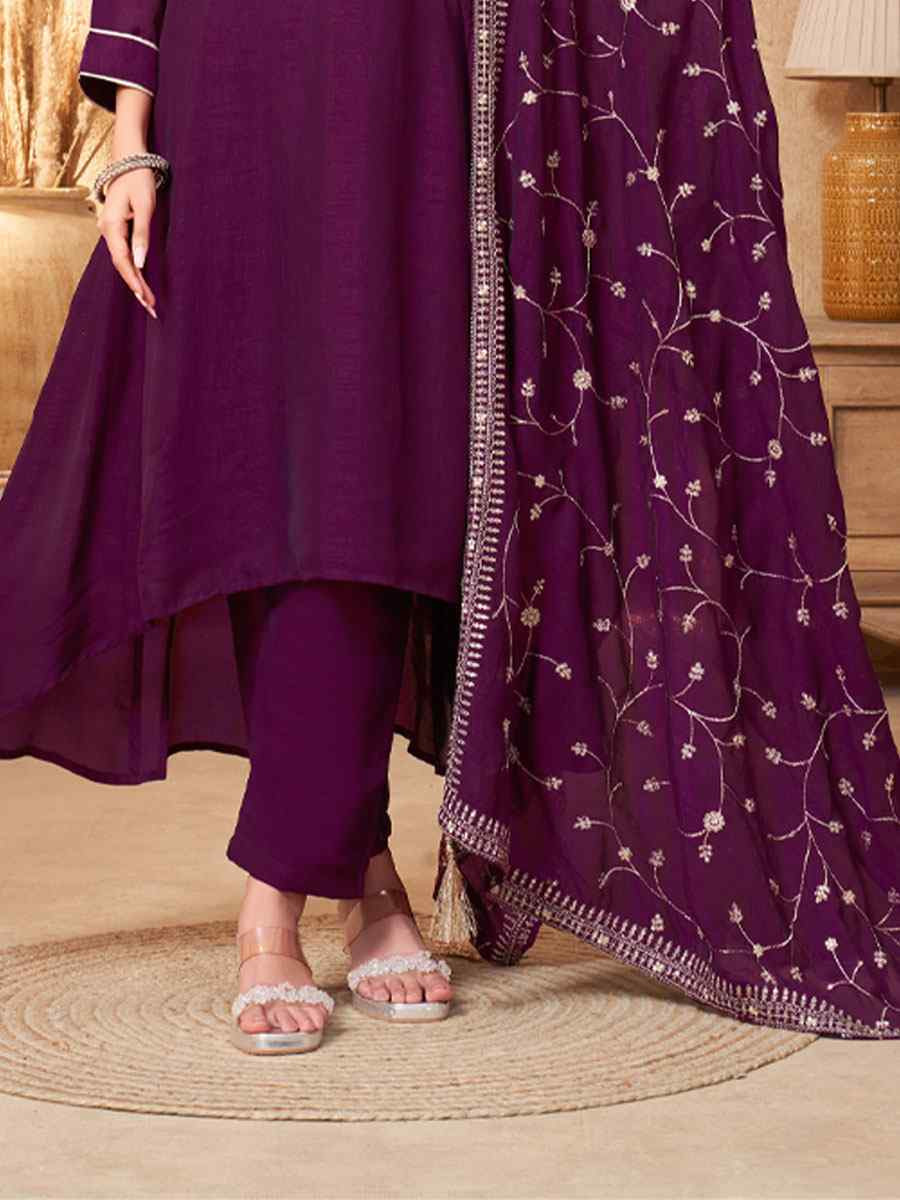 Purple Silk Embroidery Party Wedding Festival Casual Ready Anarkali Salwar Kameez