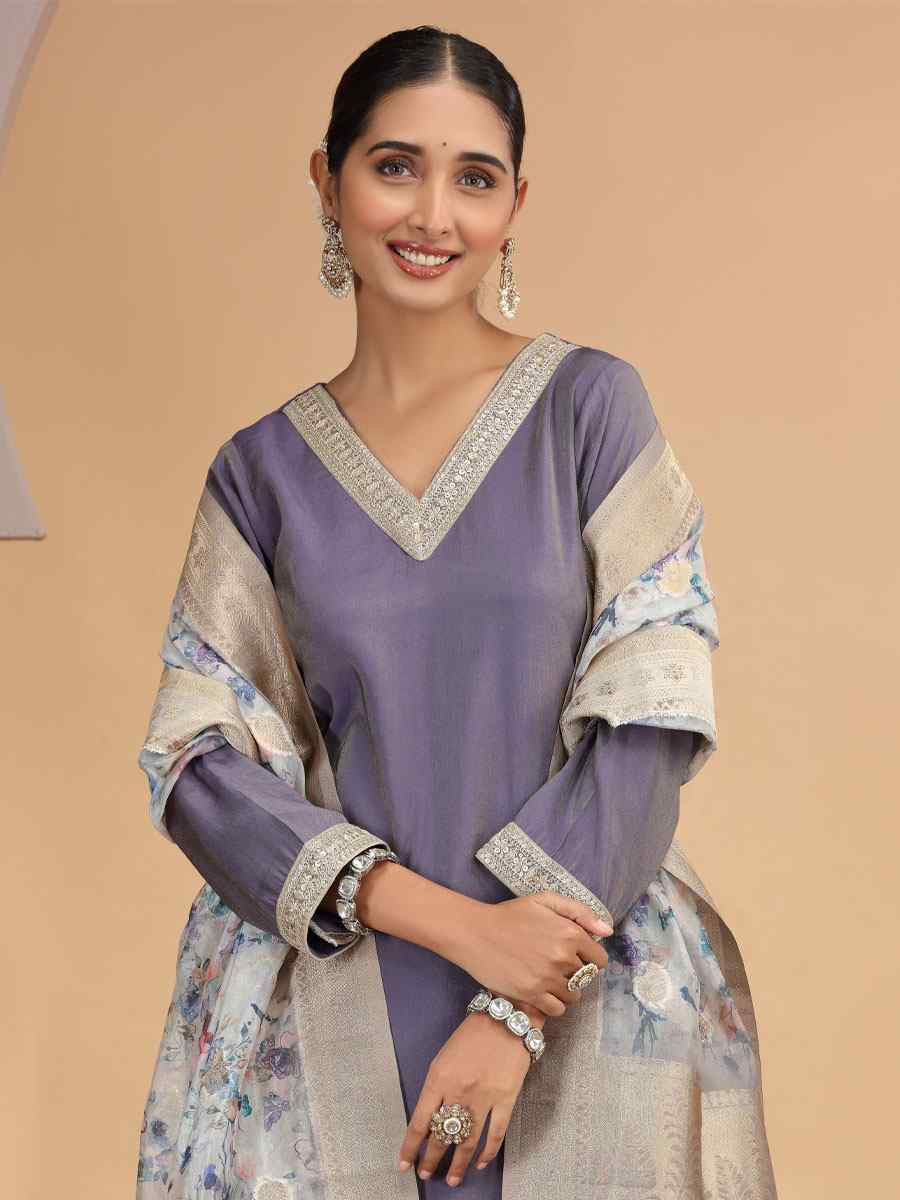 Purple Silk Embroidery Party Wedding Festival Casual Ready Pant Salwar Kameez