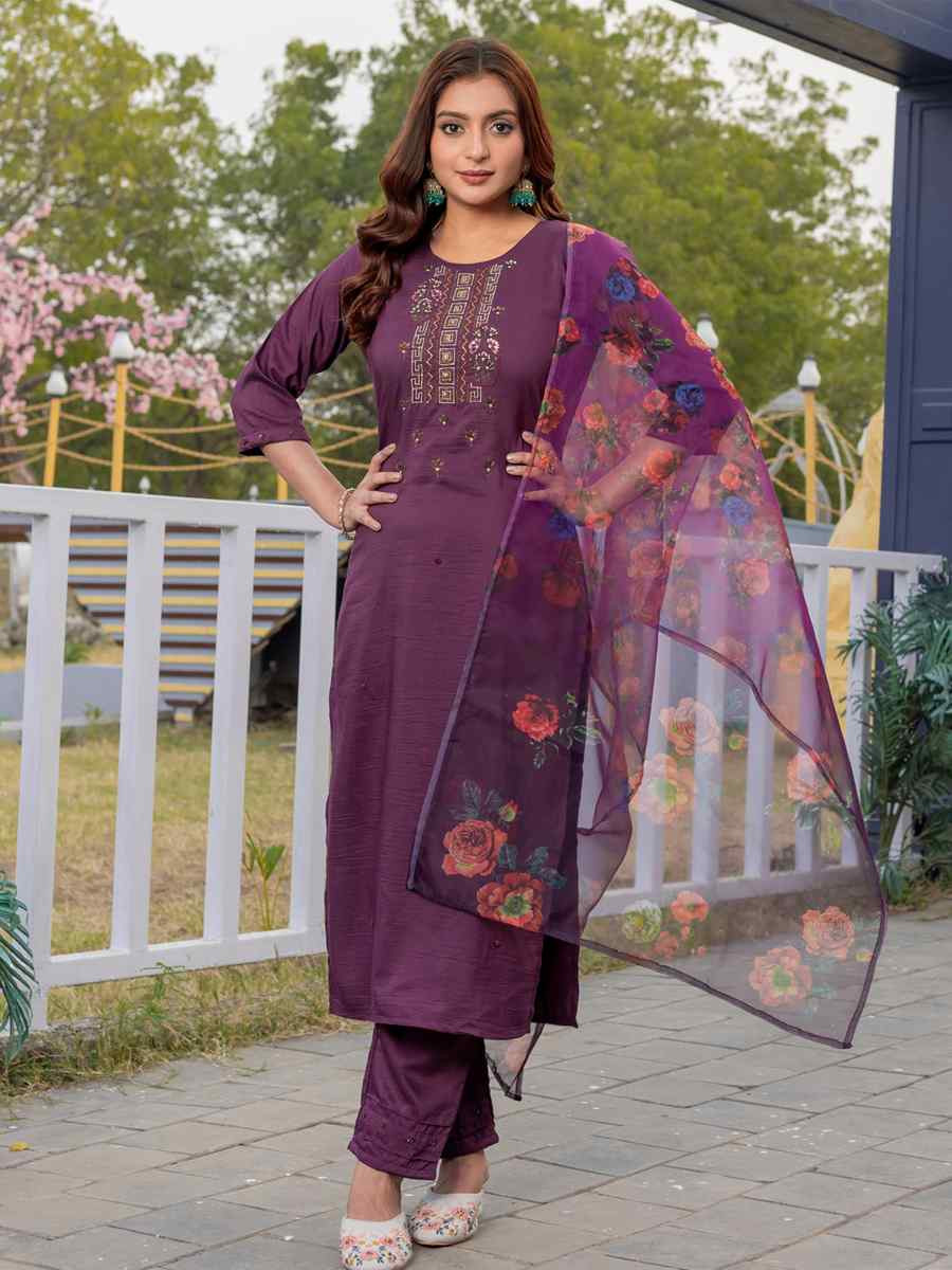 Purple Silk Embroidery Party Wedding Festival Casual Ready Pant Salwar Kameez