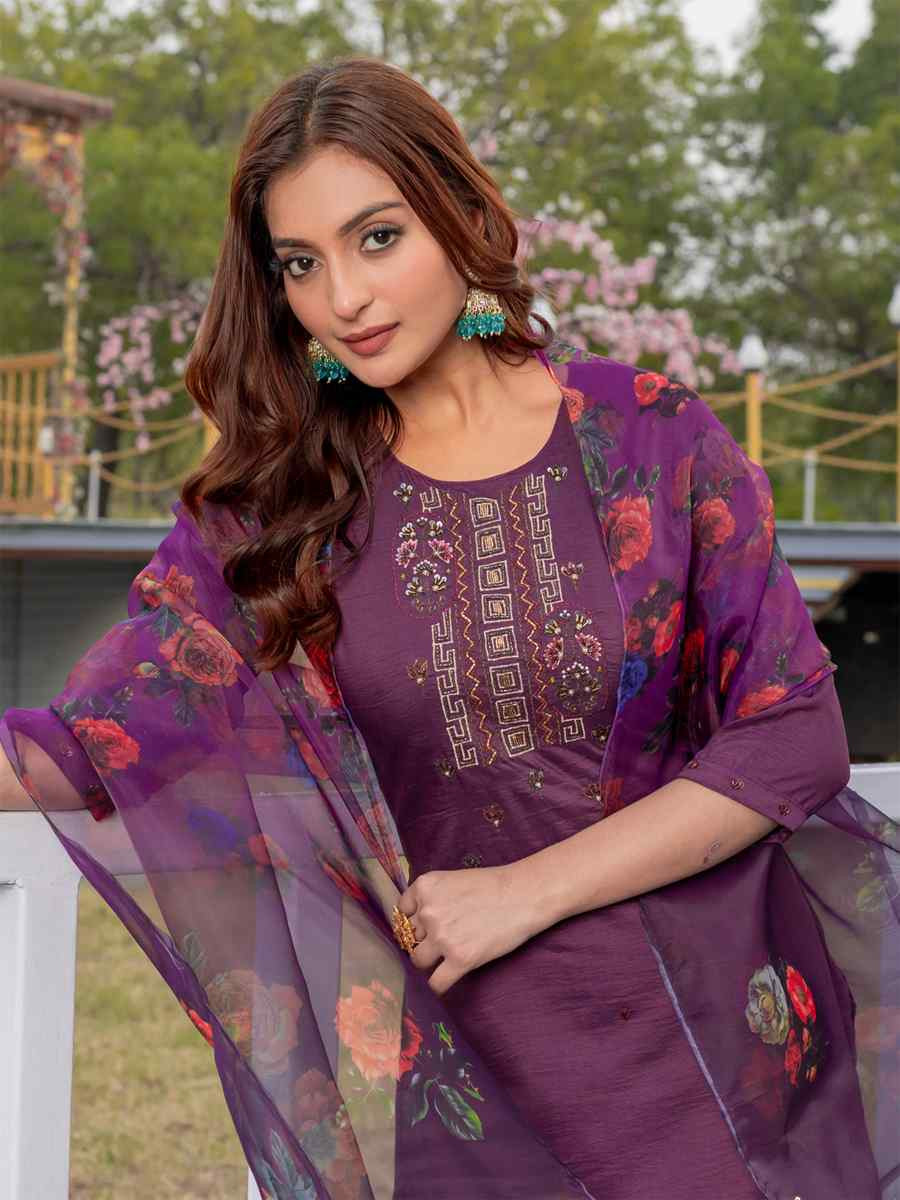 Purple Silk Embroidery Party Wedding Festival Casual Ready Pant Salwar Kameez