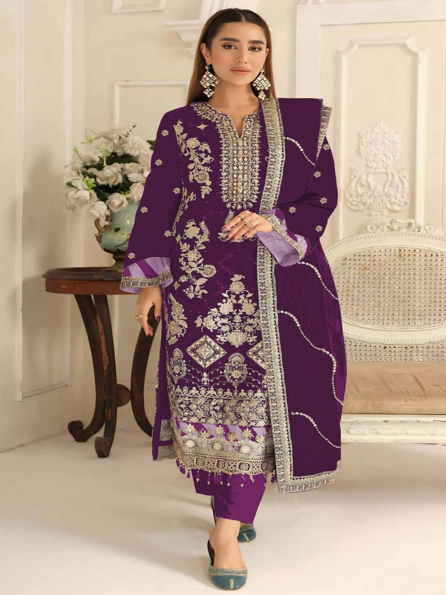 Purple Silk Embroidery Sequins Zari Wedding Party Festival Casual Engagement Pant Salwar Kameez