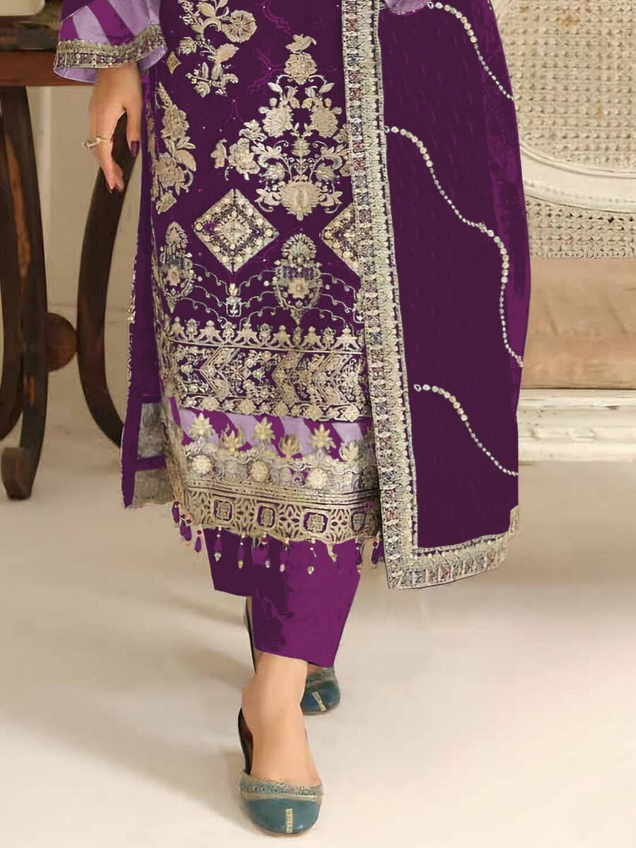 Purple Silk Embroidery Sequins Zari Wedding Party Festival Casual Engagement Pant Salwar Kameez