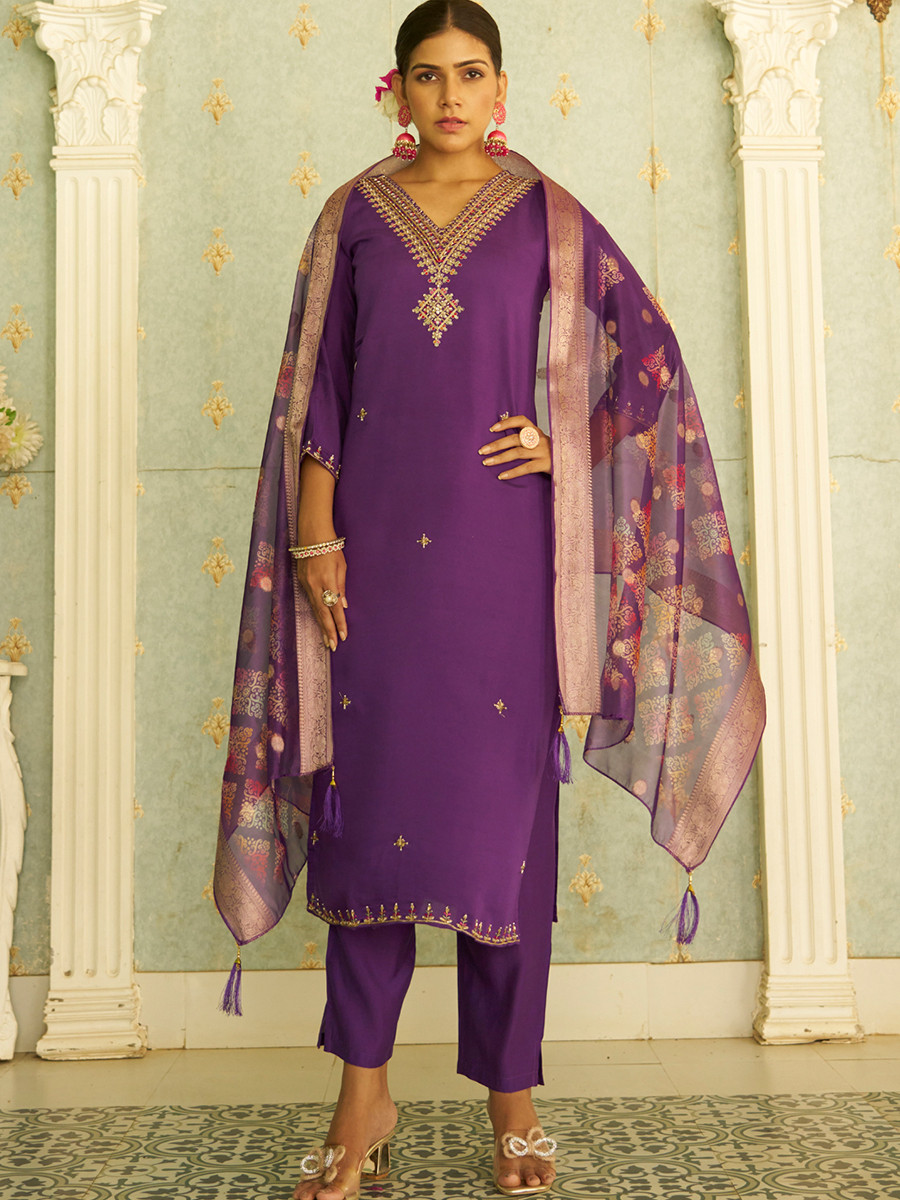 Purple Silk Embroidery Stone Printed Dupatta Party Wedding Festival Casual Ready Pant Salwar Kameez