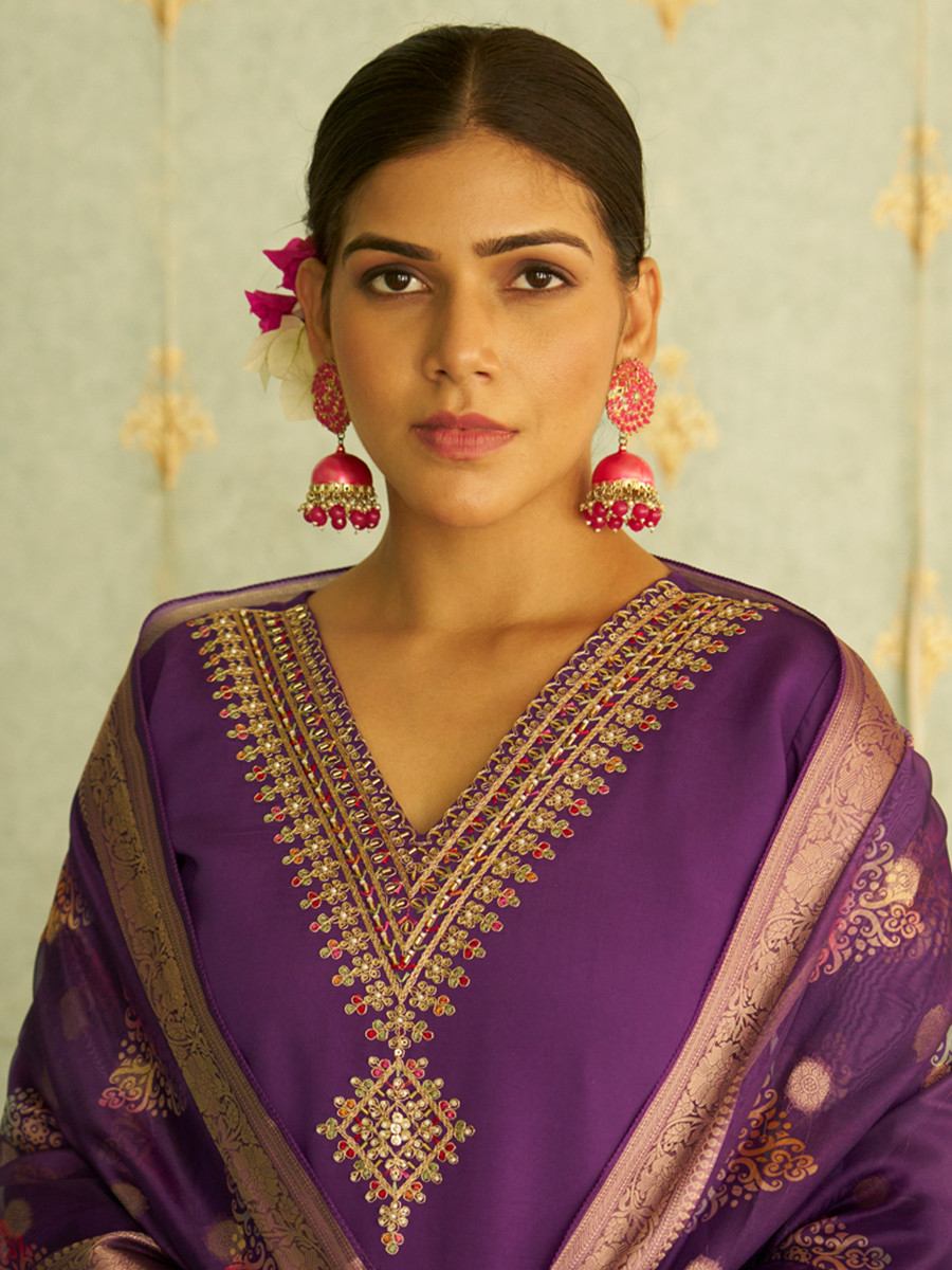 Purple Silk Embroidery Stone Printed Dupatta Party Wedding Festival Casual Ready Pant Salwar Kameez