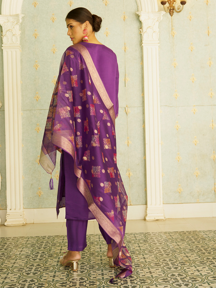 Purple Silk Embroidery Stone Printed Dupatta Party Wedding Festival Casual Ready Pant Salwar Kameez