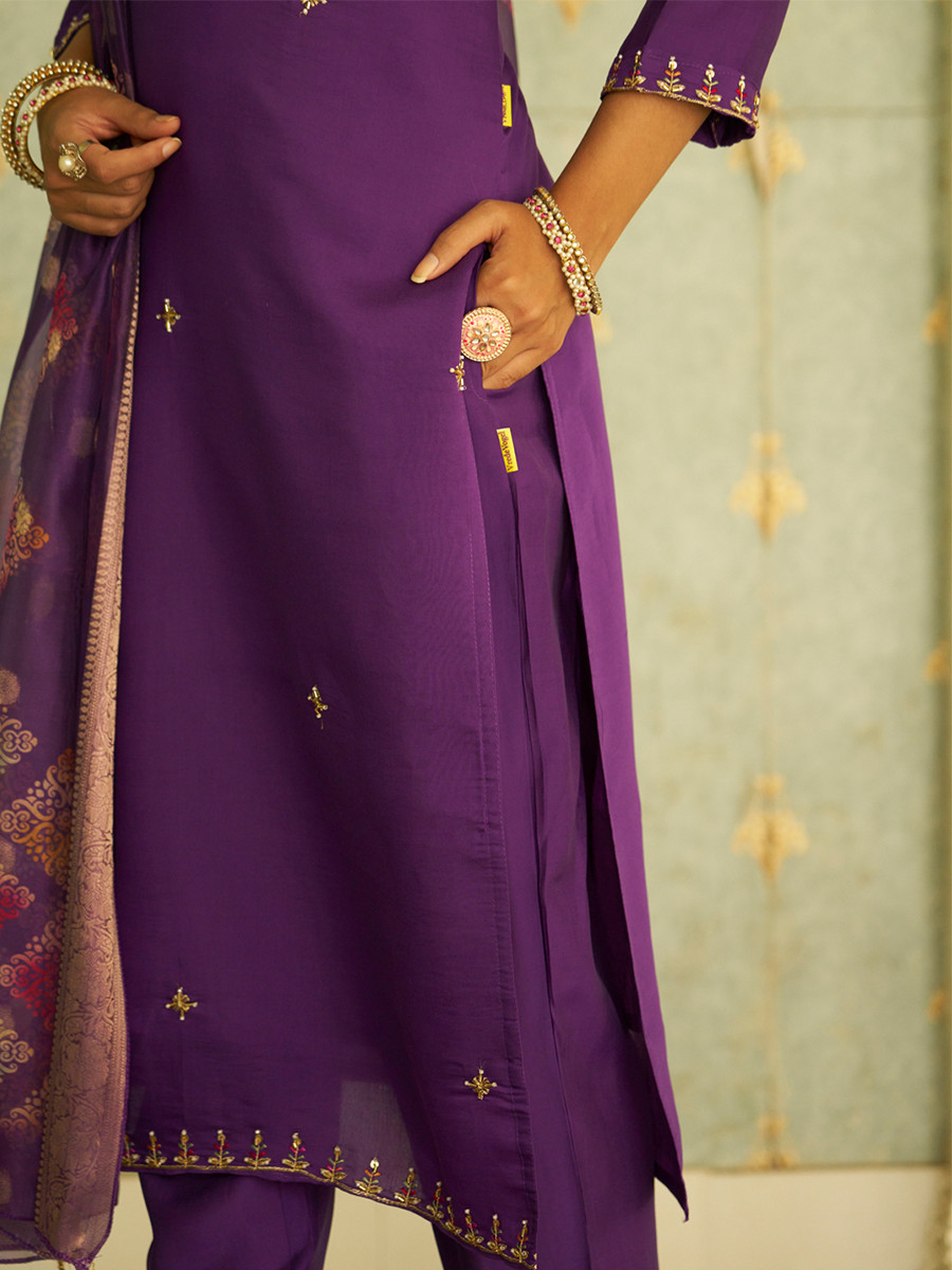 Purple Silk Embroidery Stone Printed Dupatta Party Wedding Festival Casual Ready Pant Salwar Kameez