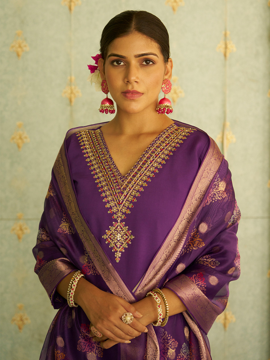 Purple Silk Embroidery Stone Printed Dupatta Party Wedding Festival Casual Ready Pant Salwar Kameez