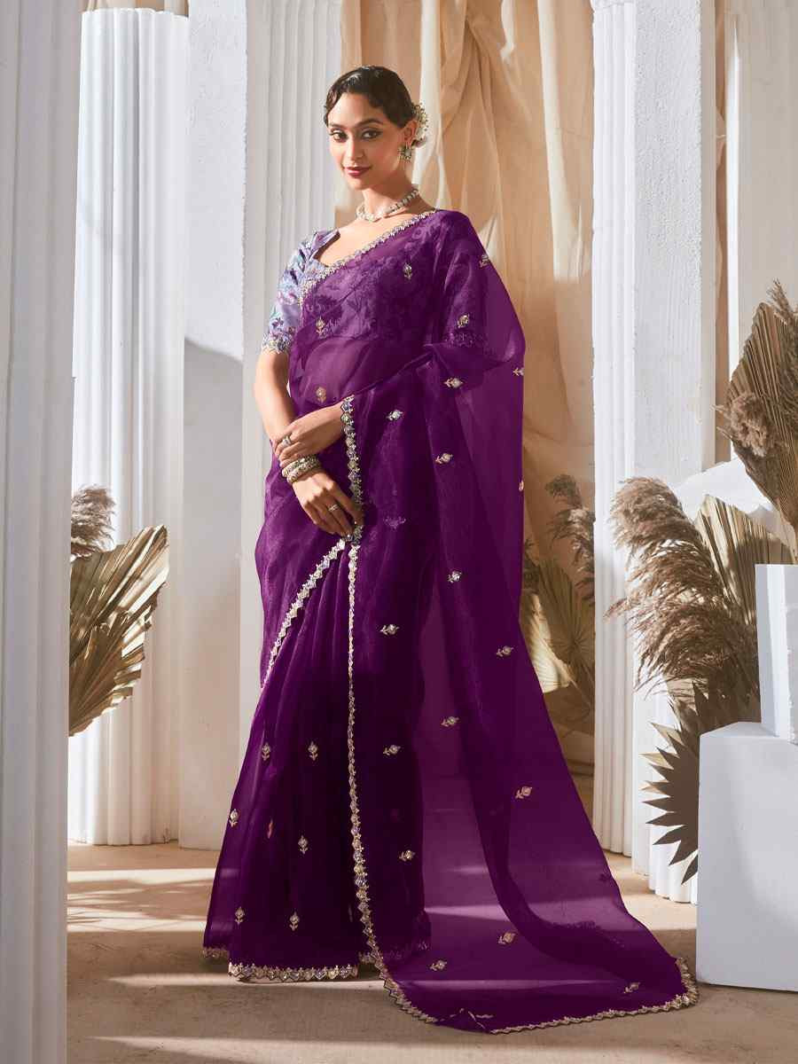 Purple Silk Embroidery Traditional Bridal Reception Festival Wedding Fancy Heavy Border Saree