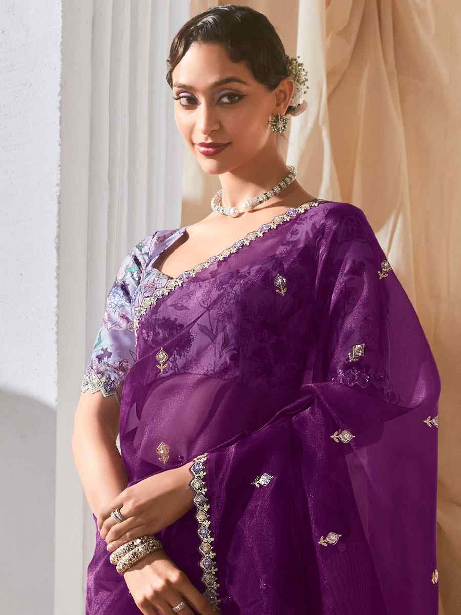 Purple Silk Embroidery Traditional Bridal Reception Festival Wedding Fancy Heavy Border Saree