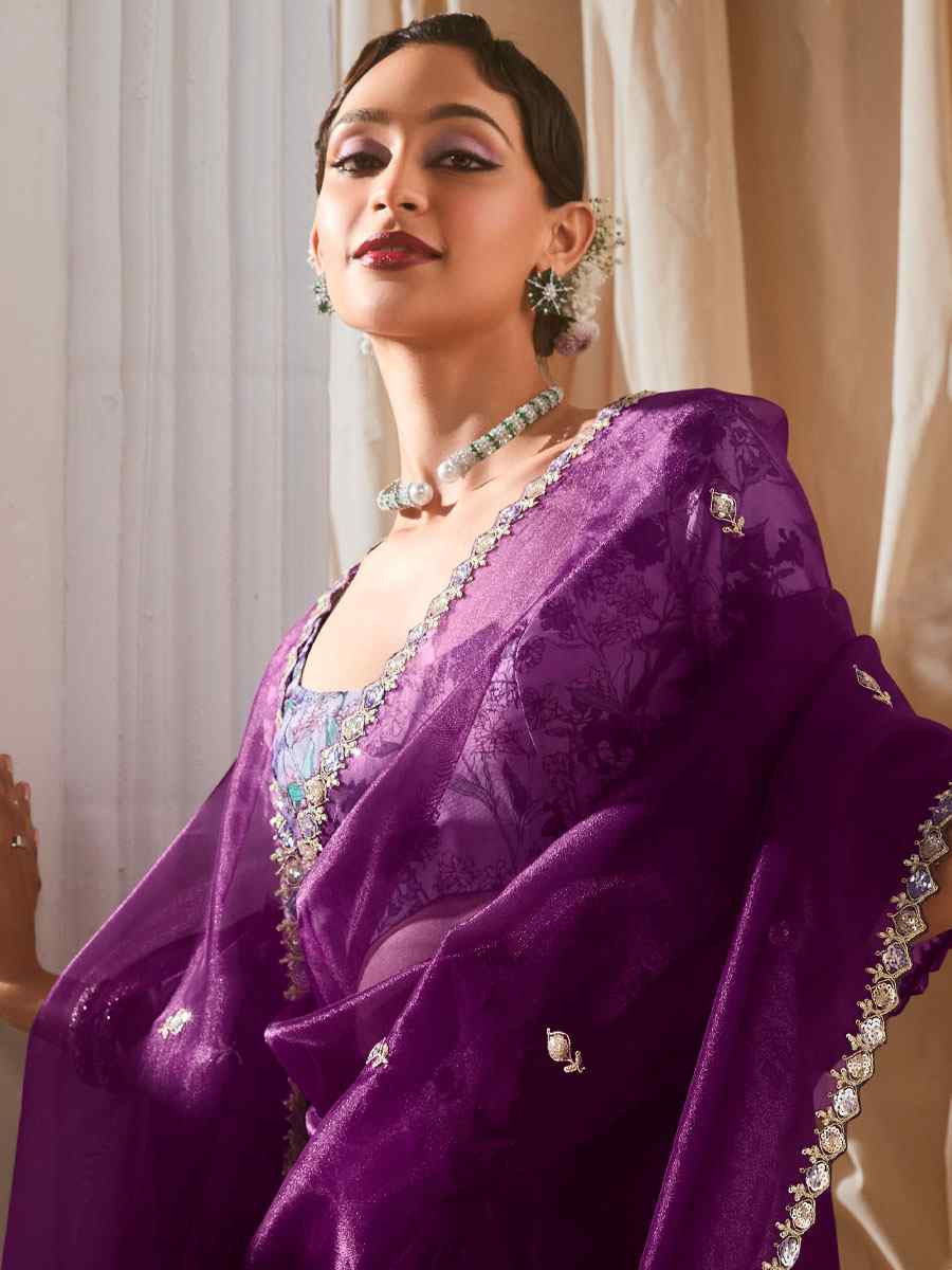 Purple Silk Embroidery Traditional Bridal Reception Festival Wedding Fancy Heavy Border Saree