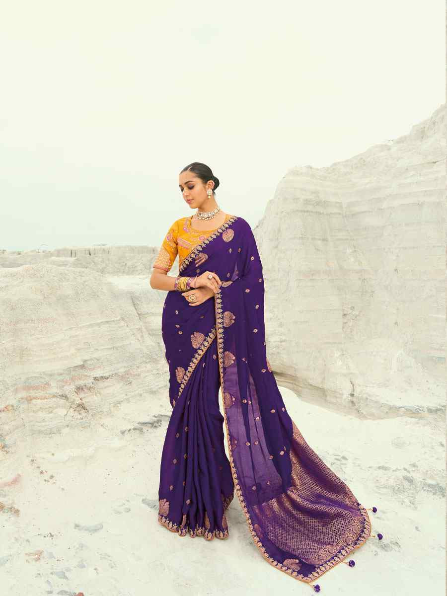 Purple Silk Embroidery Traditional Bridal Reception Festival Wedding Fancy Heavy Border Saree