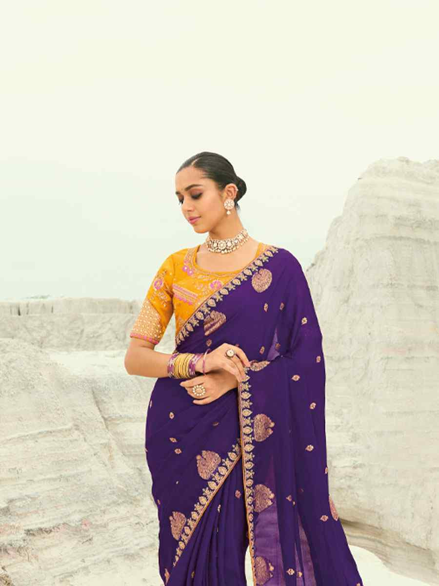 Purple Silk Embroidery Traditional Bridal Reception Festival Wedding Fancy Heavy Border Saree