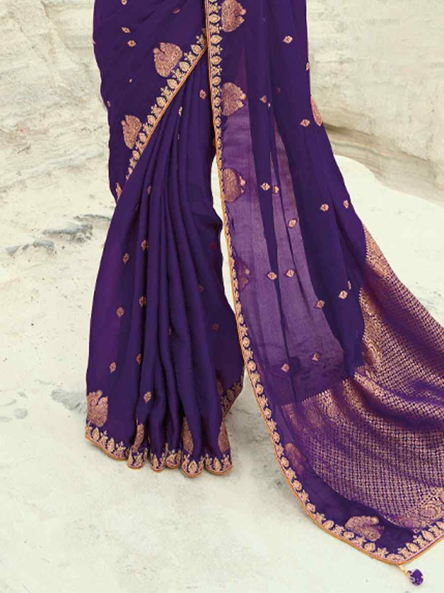 Purple Silk Embroidery Traditional Bridal Reception Festival Wedding Fancy Heavy Border Saree