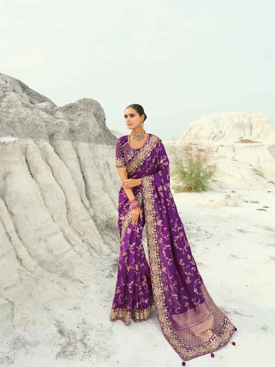 Purple Silk Embroidery Traditional Bridal Reception Festival Wedding Fancy Heavy Border Saree