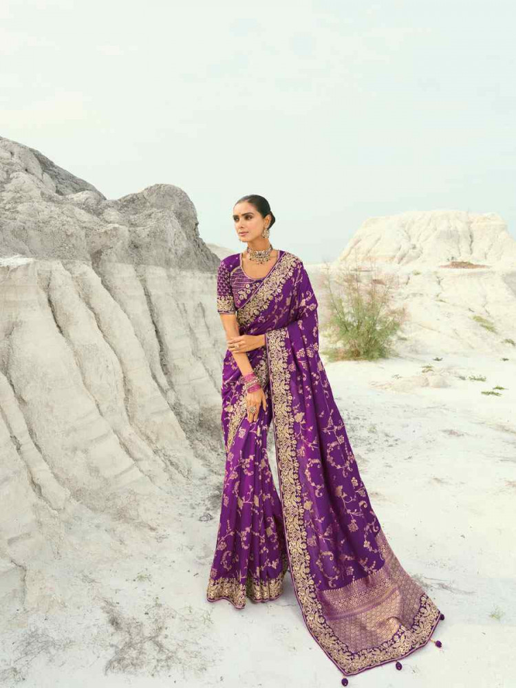 Image of Purple Silk Embroidery Traditional Bridal Reception Festival Wedding Fancy Heavy Border Saree