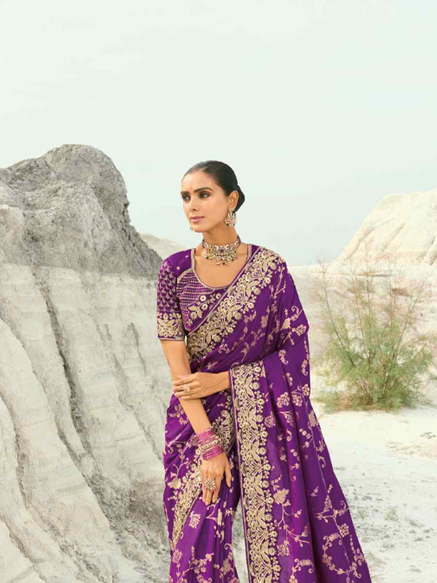 Purple Silk Embroidery Traditional Bridal Reception Festival Wedding Fancy Heavy Border Saree