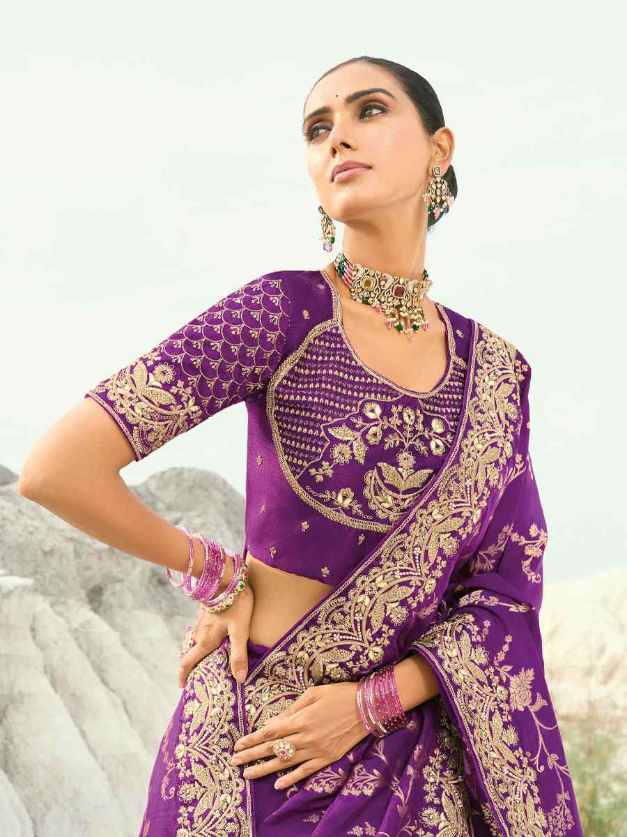 Purple Silk Embroidery Traditional Bridal Reception Festival Wedding Fancy Heavy Border Saree