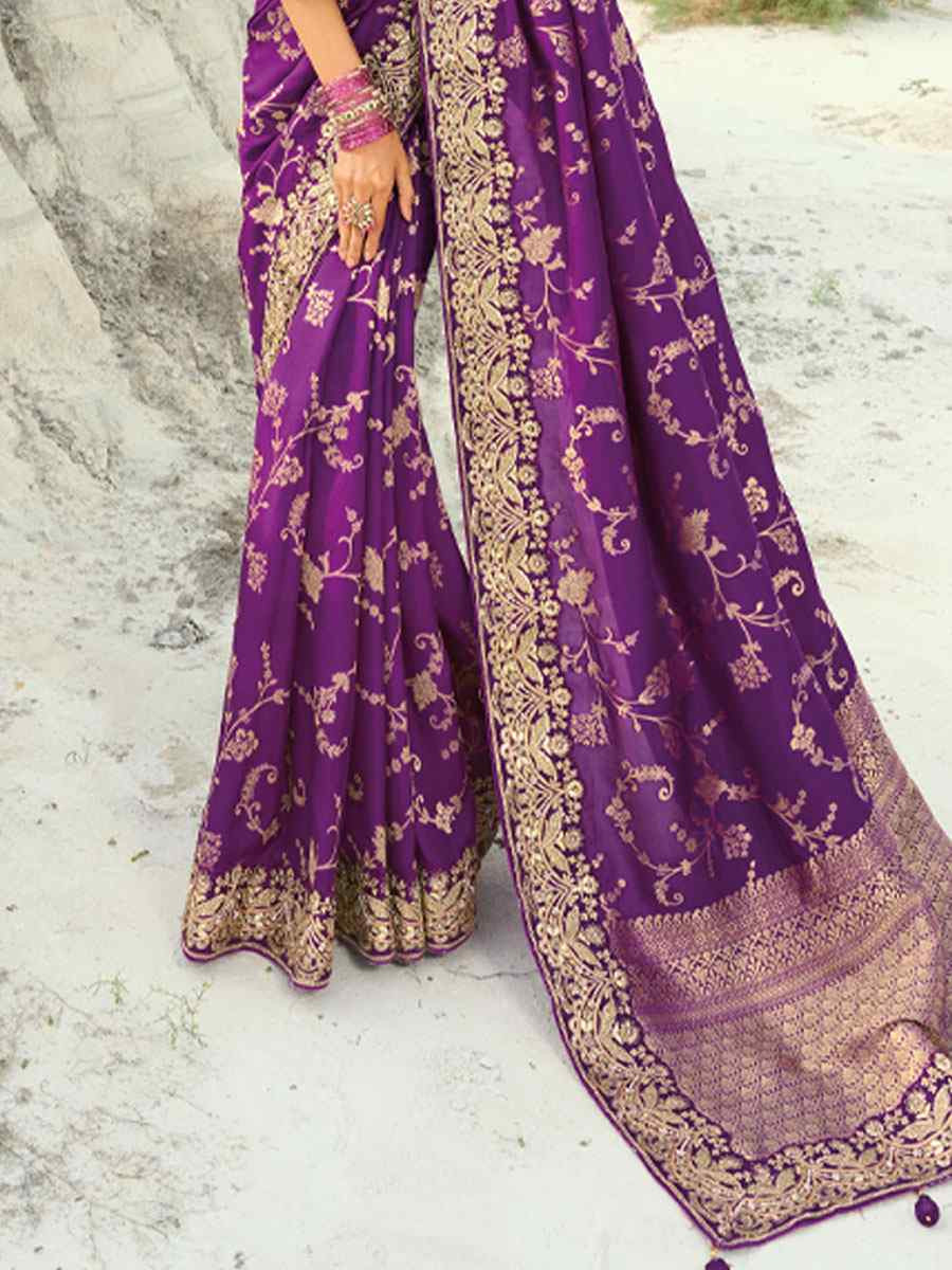 Purple Silk Embroidery Traditional Bridal Reception Festival Wedding Fancy Heavy Border Saree