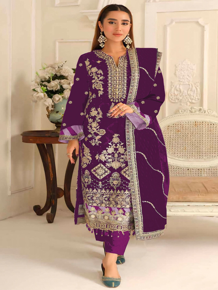 Purple Silk Embroidery Zari Sequins Wedding Party Festival Casual Pant Salwar Kameez