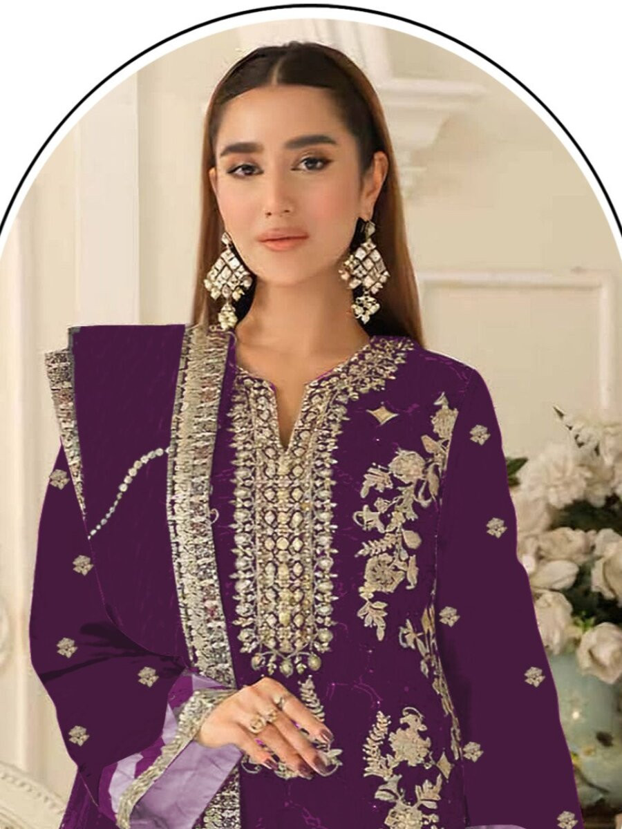 Purple Silk Embroidery Zari Sequins Wedding Party Festival Casual Pant Salwar Kameez