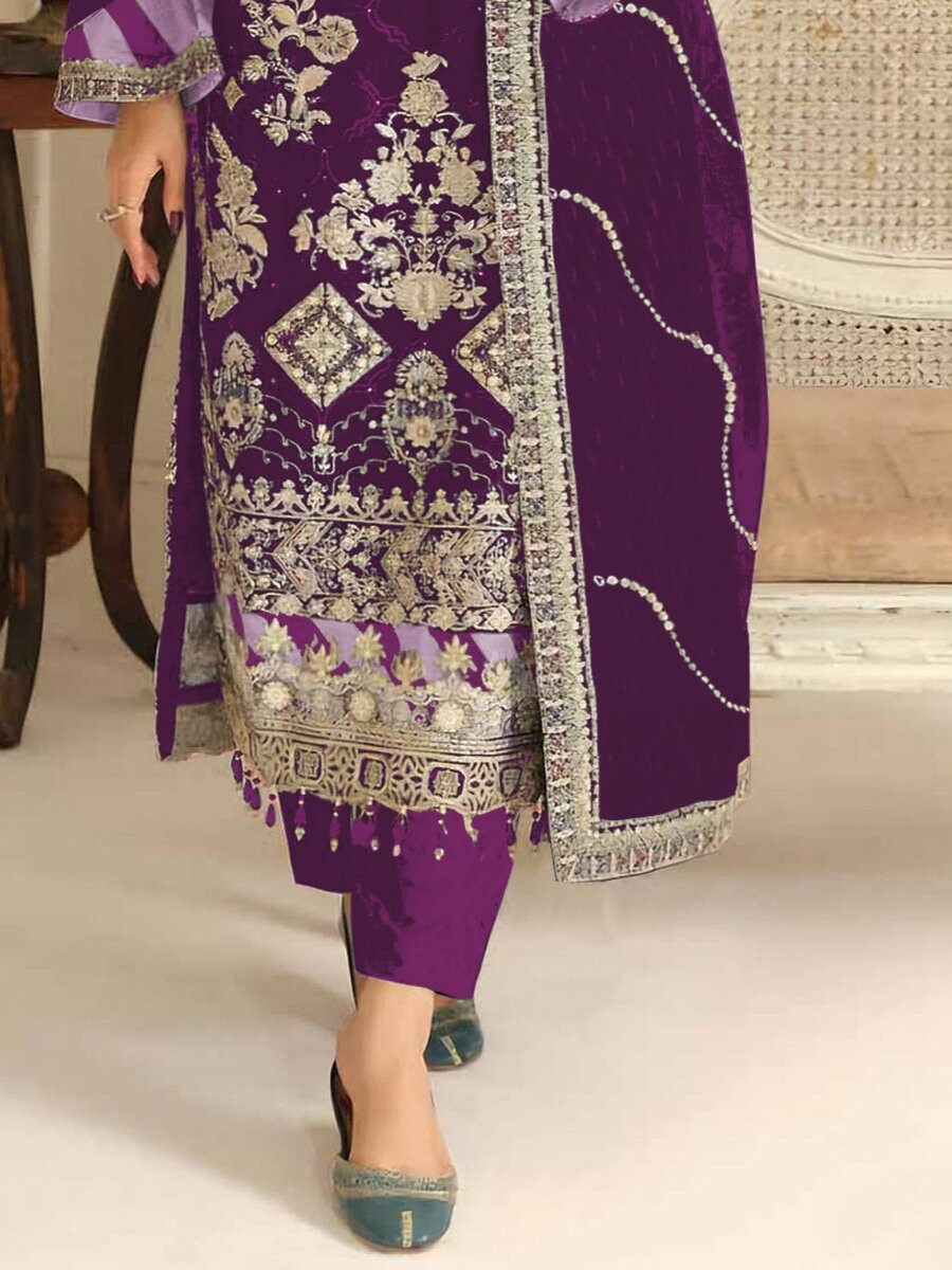 Purple Silk Embroidery Zari Sequins Wedding Party Festival Casual Pant Salwar Kameez
