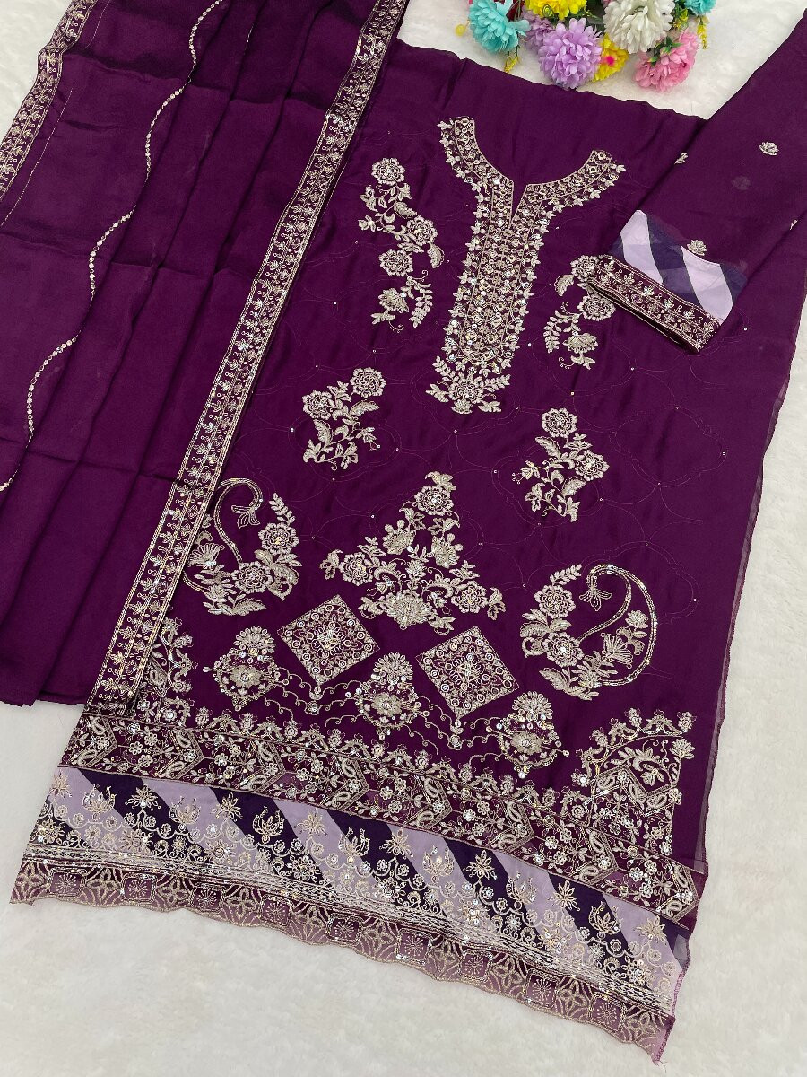 Purple Silk Embroidery Zari Sequins Wedding Party Festival Casual Pant Salwar Kameez