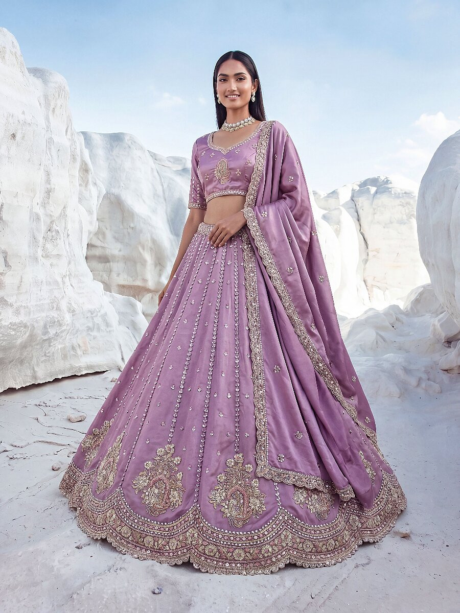 Purple Silk Embroidery Zari Sequins Wedding Reception Party Festival Heavy Border Lehenga Choli