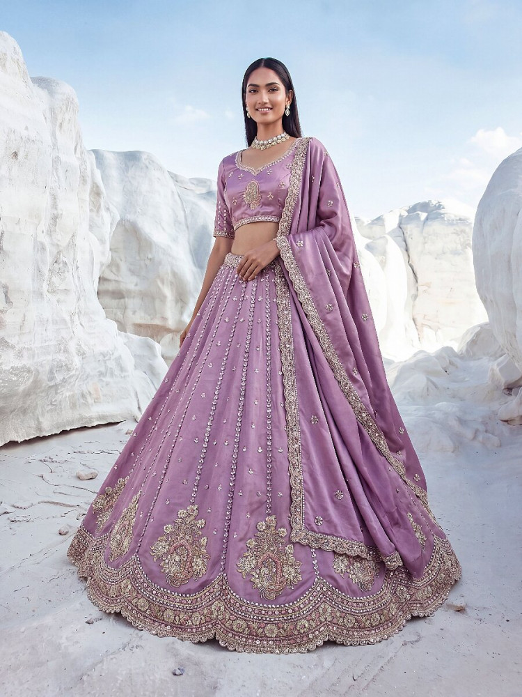 Image of Purple Silk Embroidery Zari Sequins Wedding Reception Party Festival Heavy Border Lehenga Choli