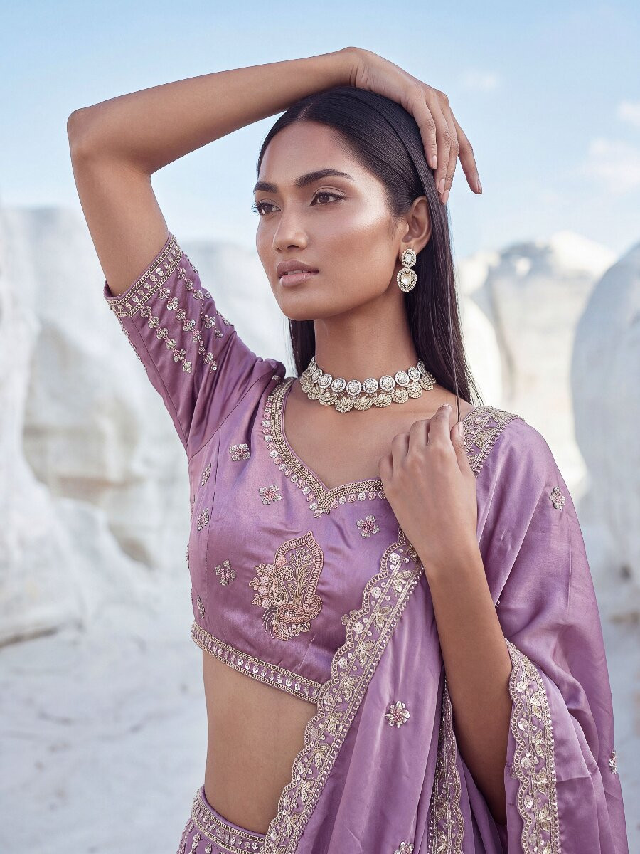 Purple Silk Embroidery Zari Sequins Wedding Reception Party Festival Heavy Border Lehenga Choli