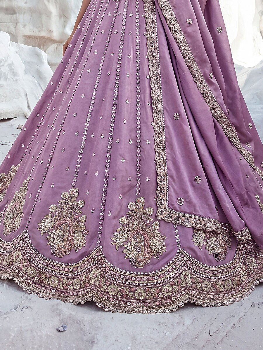 Purple Silk Embroidery Zari Sequins Wedding Reception Party Festival Heavy Border Lehenga Choli