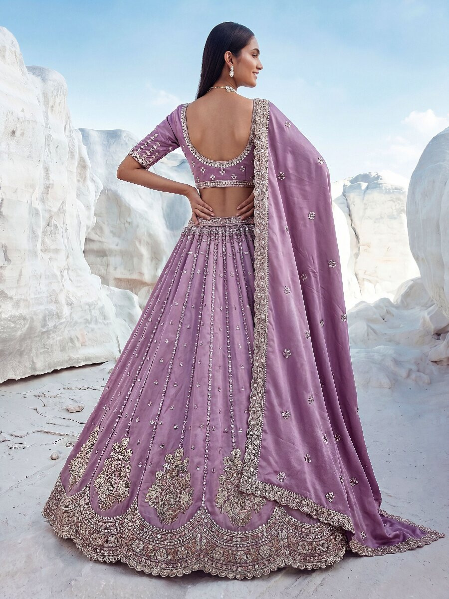 Purple Silk Embroidery Zari Sequins Wedding Reception Party Festival Heavy Border Lehenga Choli